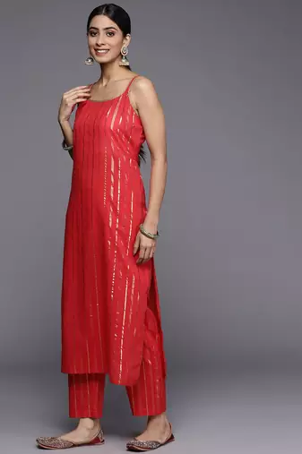 Women Red Gotta Patti Pure Cotton Kurta with Trousers & Dupatta