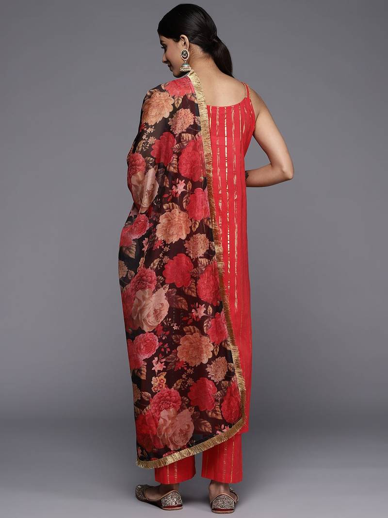 Women Red Gotta Patti Pure Cotton Kurta with Trousers & Dupatta
