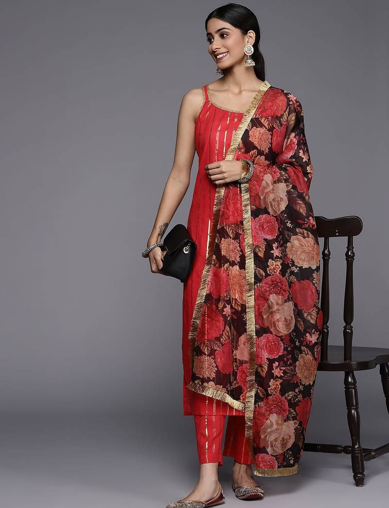 Women Red Gotta Patti Pure Cotton Kurta with Trousers & Dupatta