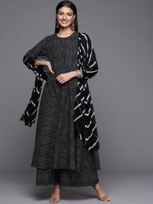 Women Black Printed Pure Cotton Kurta with Palazzos & Dupatta 1