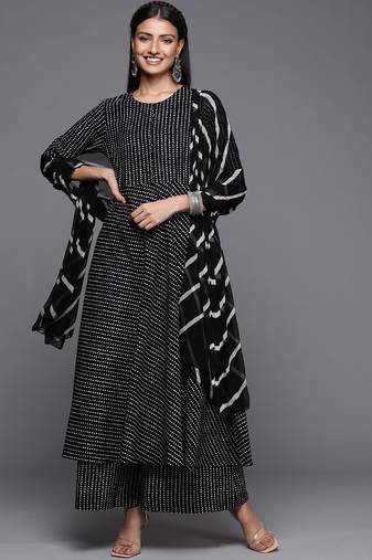 Women Black Printed Pure Cotton Kurta with Palazzos & Dupatta