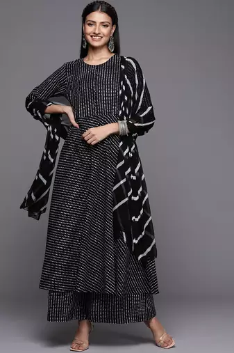 Women Black Printed Pure Cotton Kurta with Palazzos & Dupatta