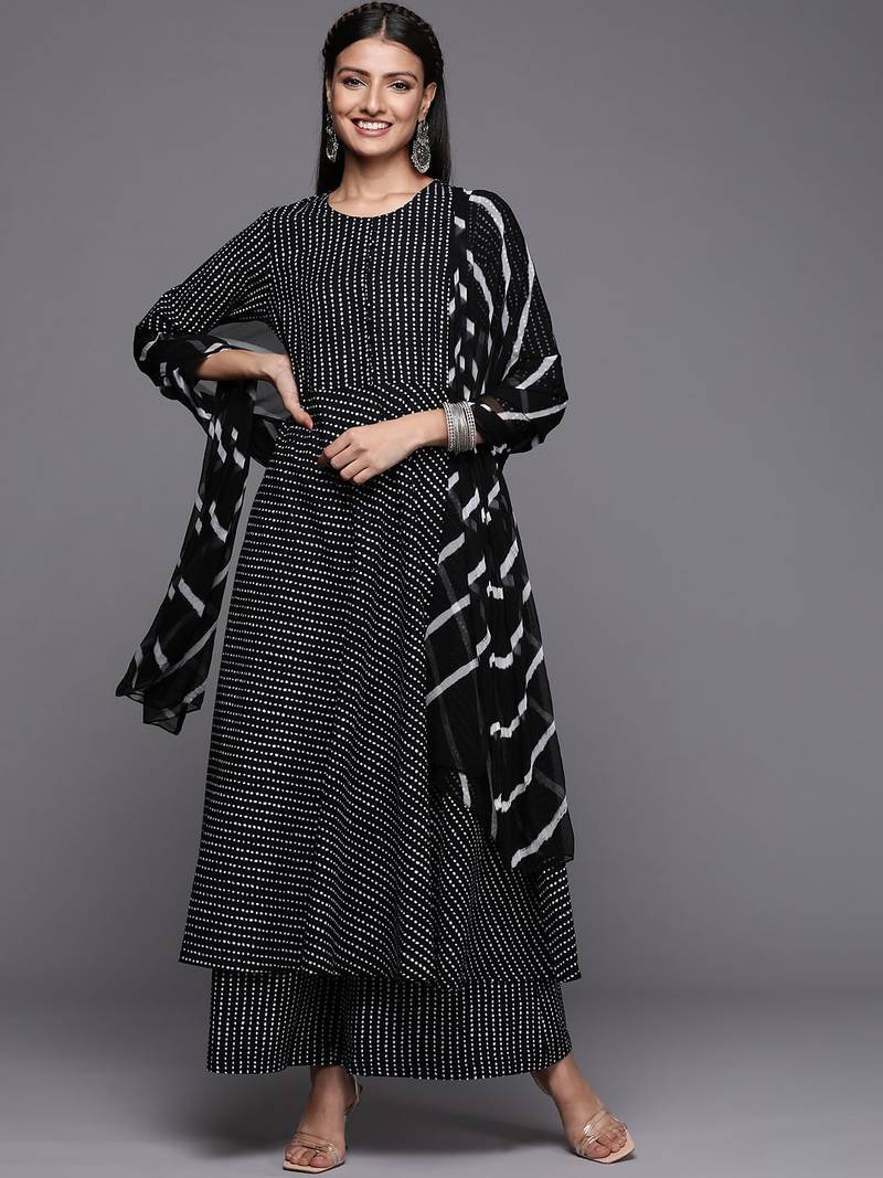 Women Black Printed Pure Cotton Kurta with Palazzos & Dupatta