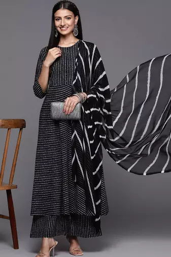 Women Black Printed Pure Cotton Kurta with Palazzos & Dupatta