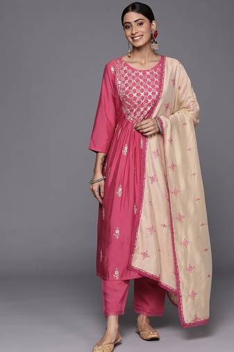 Women Pink Ethnic Motifs Embroidered Thread Work Kurta with Trousers & With Dupatta