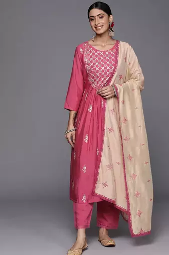 Women Pink Ethnic Motifs Embroidered Thread Work Kurta with Trousers & With Dupatta
