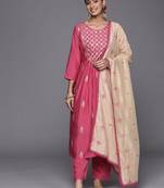 Women Pink Ethnic Motifs Embroidered Thread Work Kurta with Trousers & With Dupatta