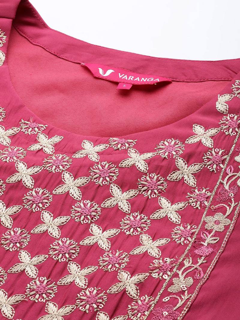 Women Pink Ethnic Motifs Embroidered Thread Work Kurta with Trousers & With Dupatta