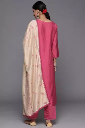 Women Pink Ethnic Motifs Embroidered Thread Work Kurta with Trousers & With Dupatta