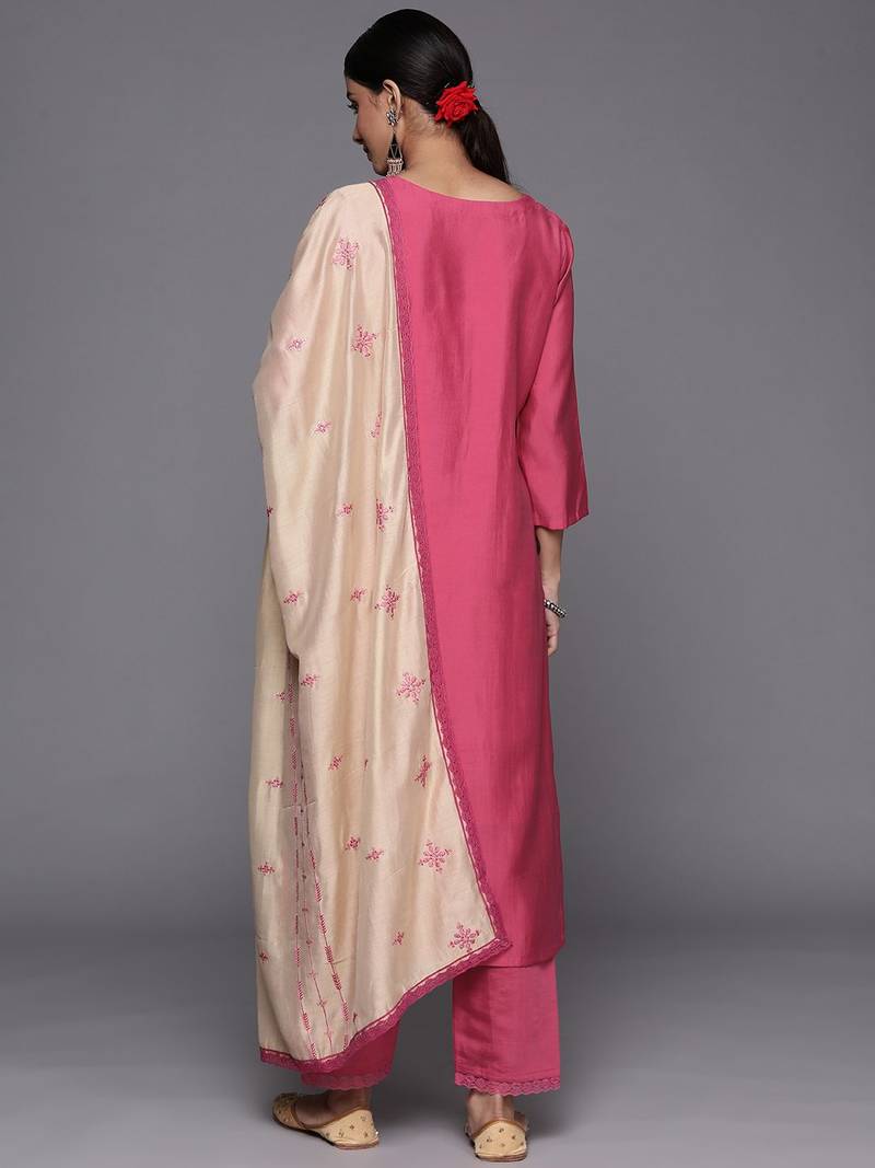 Women Pink Ethnic Motifs Embroidered Thread Work Kurta with Trousers & With Dupatta