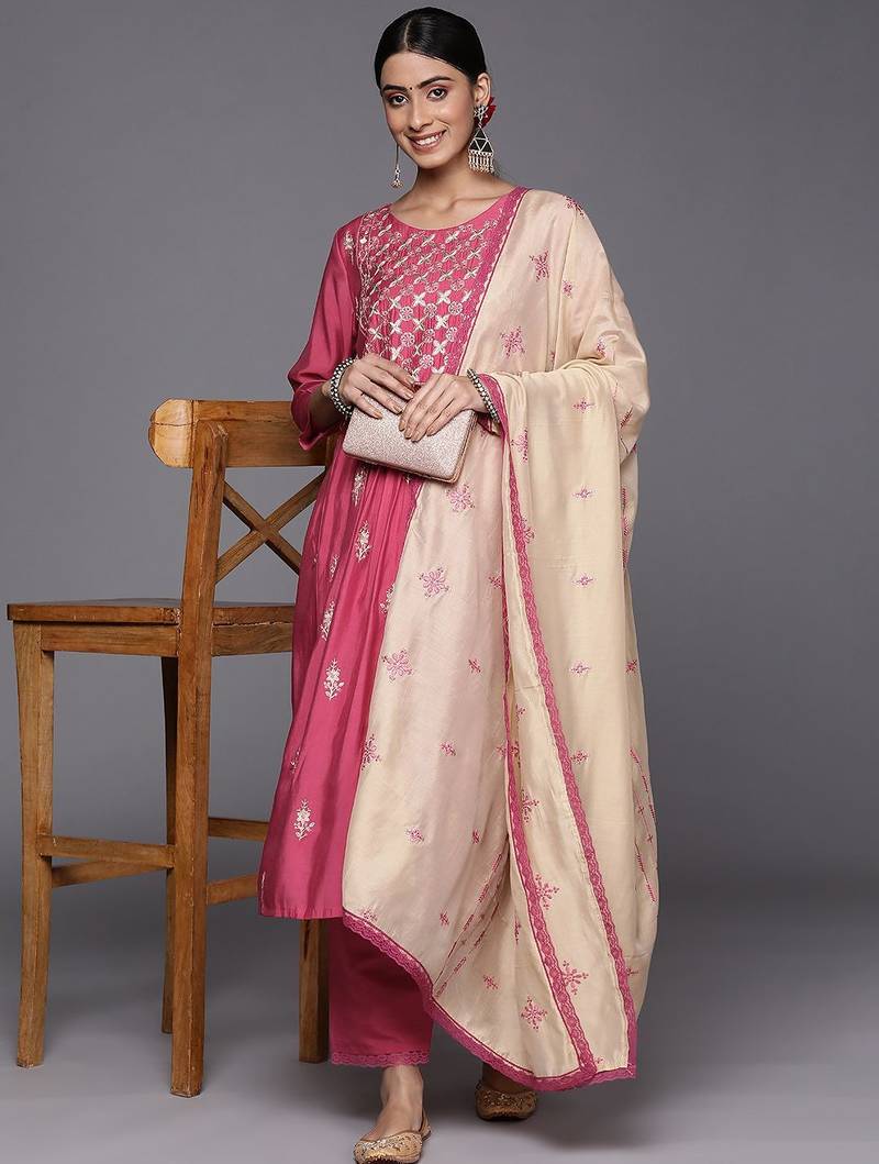 Women Pink Ethnic Motifs Embroidered Thread Work Kurta with Trousers & With Dupatta