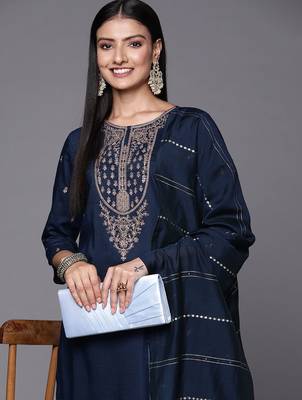 Women Navy Blue & Golden Ethnic Motifs Embroidered Kurta with Trousers & Dupatta 2