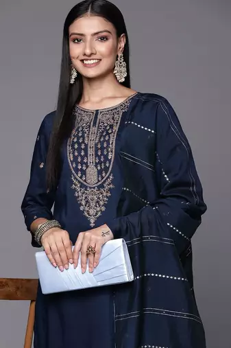 Women Navy Blue & Golden Ethnic Motifs Embroidered Kurta with Trousers & Dupatta