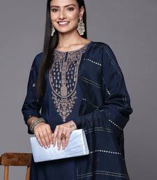 Women Navy Blue & Golden Ethnic Motifs Embroidered Kurta with Trousers & Dupatta