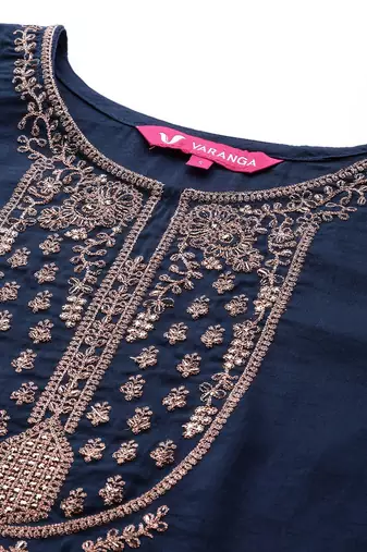 Women Navy Blue & Golden Ethnic Motifs Embroidered Kurta with Trousers & Dupatta