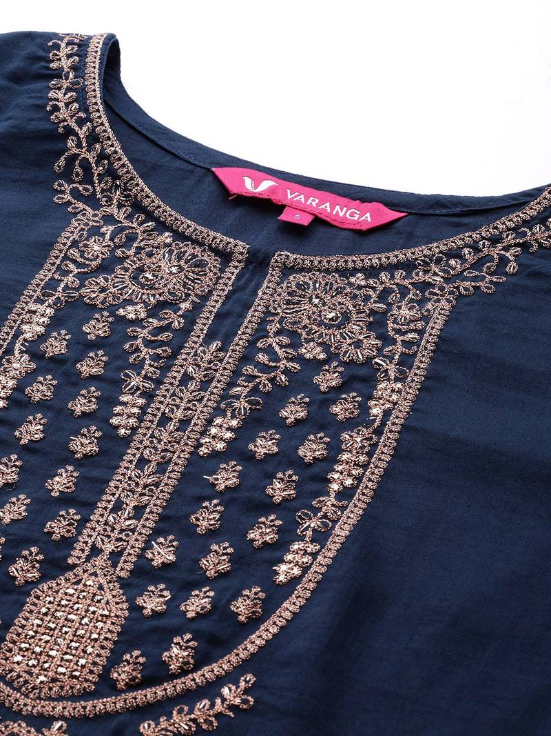 Women Navy Blue & Golden Ethnic Motifs Embroidered Kurta with Trousers & Dupatta