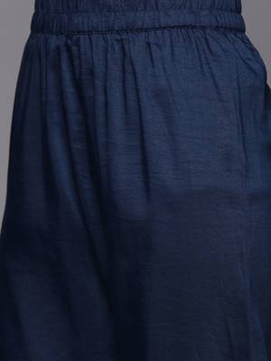Women Navy Blue & Golden Ethnic Motifs Embroidered Kurta with Trousers & Dupatta 4