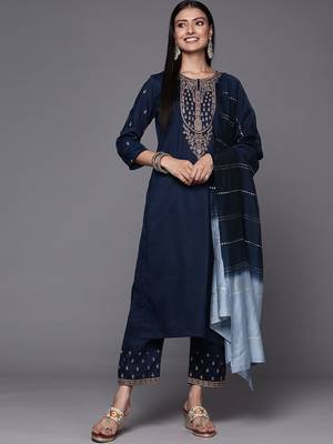 Women Navy Blue & Golden Ethnic Motifs Embroidered Kurta with Trousers & Dupatta 1