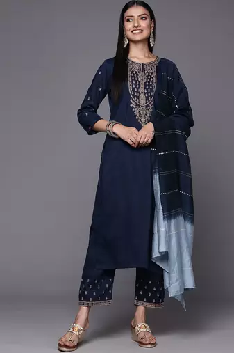 Women Navy Blue & Golden Ethnic Motifs Embroidered Kurta with Trousers & Dupatta
