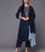 Women Navy Blue & Golden Ethnic Motifs Embroidered Kurta with Trousers & Dupatta