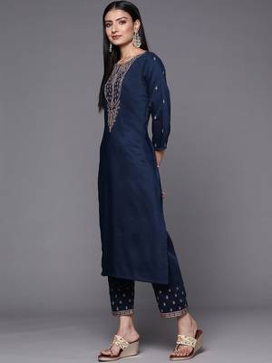 Women Navy Blue & Golden Ethnic Motifs Embroidered Kurta with Trousers & Dupatta 6