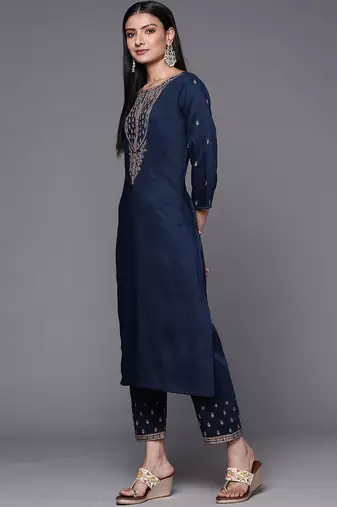 Women Navy Blue & Golden Ethnic Motifs Embroidered Kurta with Trousers & Dupatta