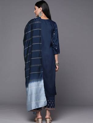 Women Navy Blue & Golden Ethnic Motifs Embroidered Kurta with Trousers & Dupatta 7