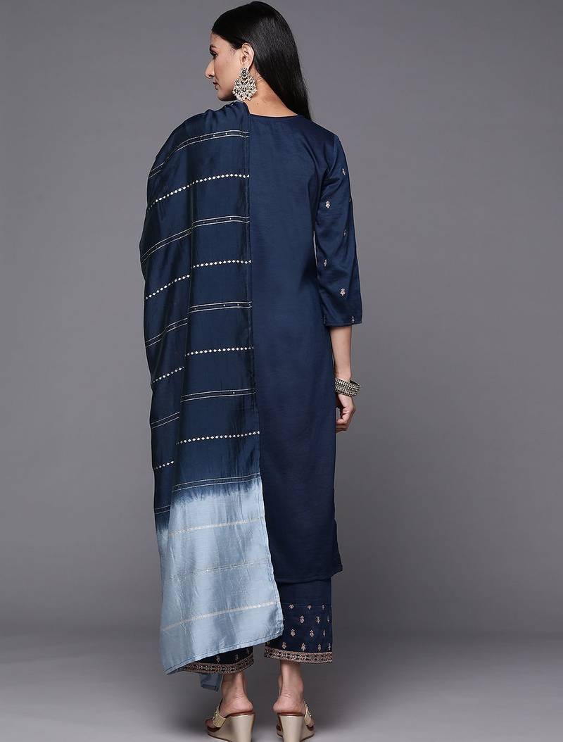 Women Navy Blue & Golden Ethnic Motifs Embroidered Kurta with Trousers & Dupatta