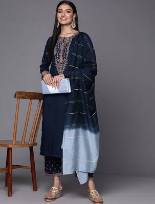 Women Navy Blue & Golden Ethnic Motifs Embroidered Kurta with Trousers & Dupatta 8