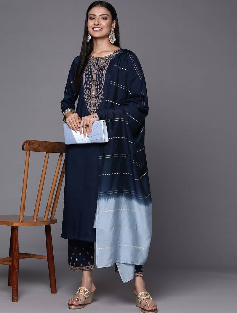 Women Navy Blue & Golden Ethnic Motifs Embroidered Kurta with Trousers & Dupatta