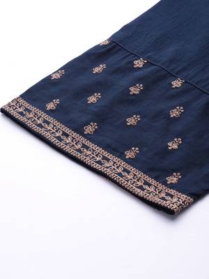 Women Navy Blue & Golden Ethnic Motifs Embroidered Kurta with Trousers & Dupatta 9