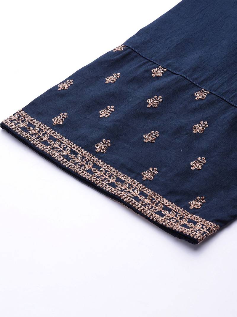 Women Navy Blue & Golden Ethnic Motifs Embroidered Kurta with Trousers & Dupatta