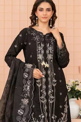 Black embroidered cotton semi-stitched pakistani salwar suit