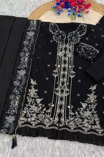 Black embroidered cotton semi-stitched pakistani salwar suit