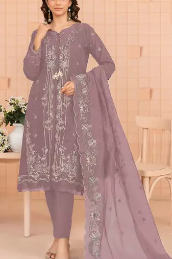 Mauve embroidered cotton semi-stitched pakistani salwar suit