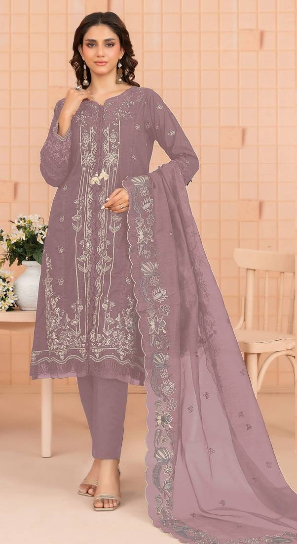 Mauve embroidered cotton semi-stitched pakistani salwar suit