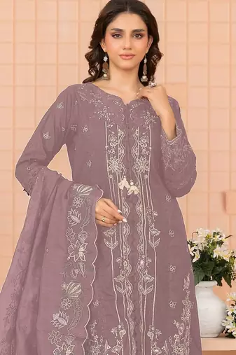 Mauve embroidered cotton semi-stitched pakistani salwar suit