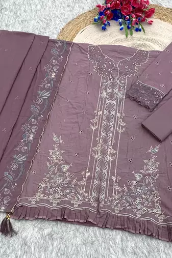 Mauve embroidered cotton semi-stitched pakistani salwar suit