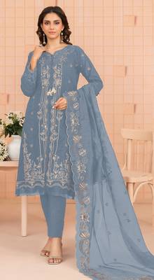 Sky blue embroidered cotton semi-stitched pakistani salwar suit 1
