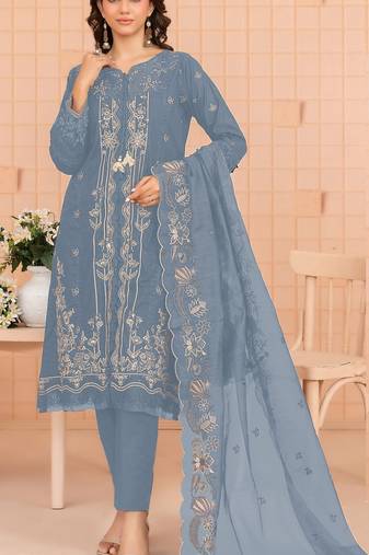 Sky blue embroidered cotton semi-stitched pakistani salwar suit