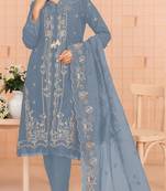 Sky blue embroidered cotton semi-stitched pakistani salwar suit