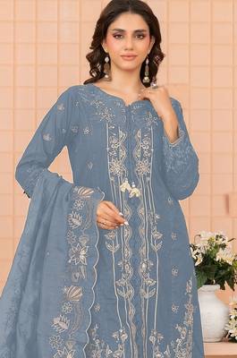 Sky blue embroidered cotton semi-stitched pakistani salwar suit 2
