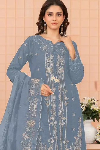 Sky blue embroidered cotton semi-stitched pakistani salwar suit