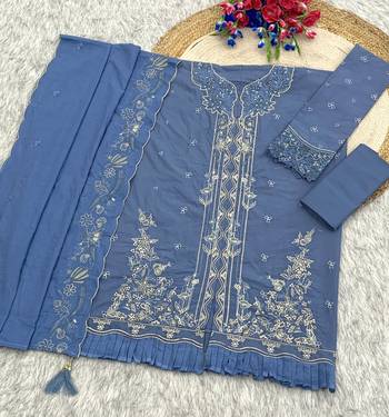Sky blue embroidered cotton semi-stitched pakistani salwar suit 3