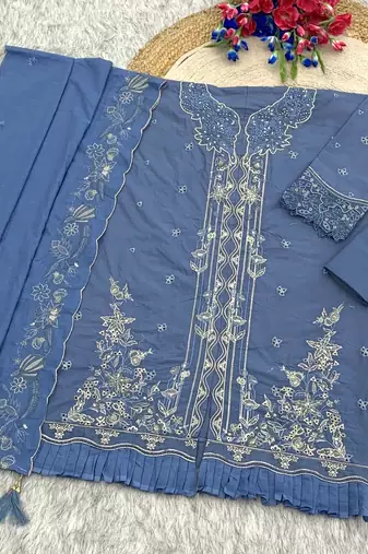 Sky blue embroidered cotton semi-stitched pakistani salwar suit