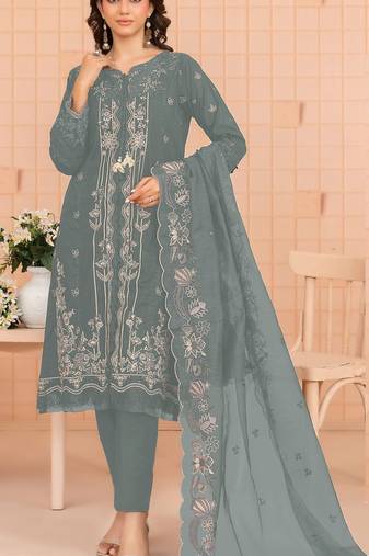 Sea green embroidered cotton semi-stitched pakistani salwar suit