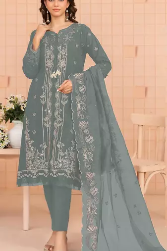 Sea green embroidered cotton semi-stitched pakistani salwar suit