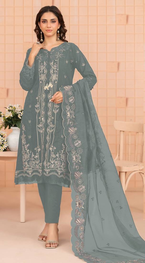 Sea green embroidered cotton semi-stitched pakistani salwar suit