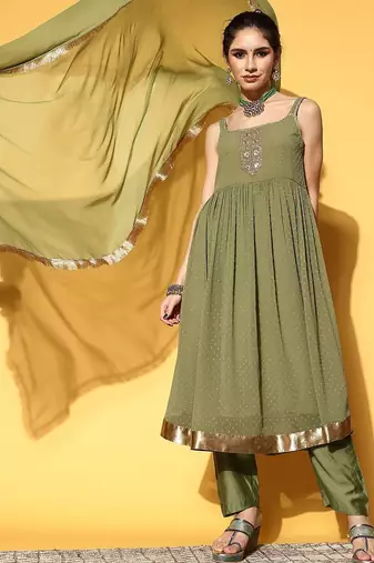 Women Textured Poly Georgette Spaghetti Straps Kurta Set