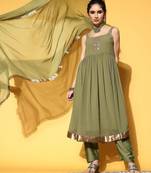 Women Textured Poly Georgette Spaghetti Straps Kurta Set
